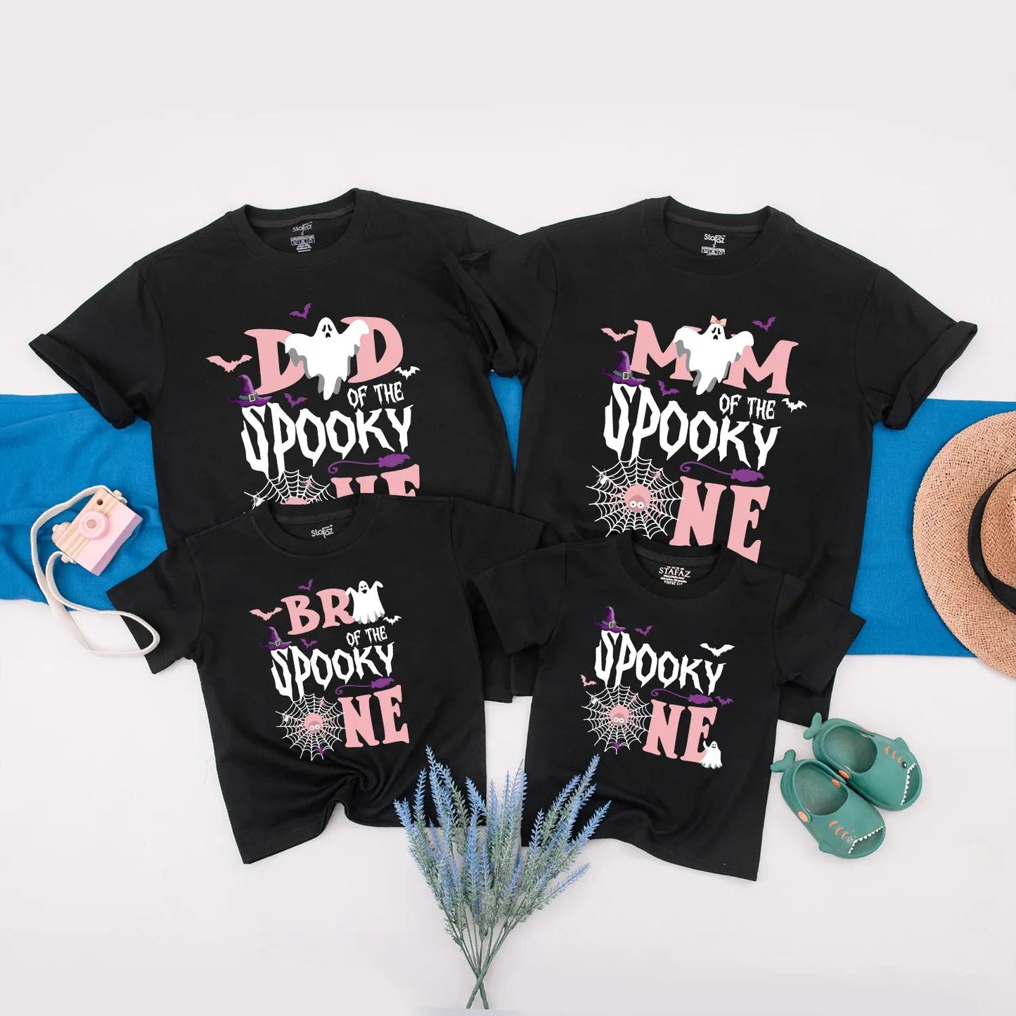 Spooky One Halloween Birthday Matching Family Shirts Ghost Witch Hat Bats Spiderweb Pink White Baby Romper First Birthday Girl Gift