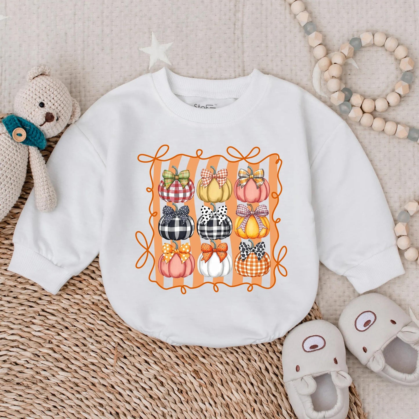 Cozy Thanksgiving Pumpkin Bow Baby Romper adorable fall toddler girl outfit soft comfortable infant clothes lovely holiday baby shower gift