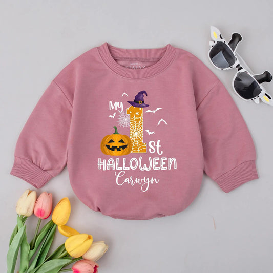 My First Halloween Baby Bubble Romper Custom Name Pumpkin First Halloween Gift Personalized Fall Baby Outfit