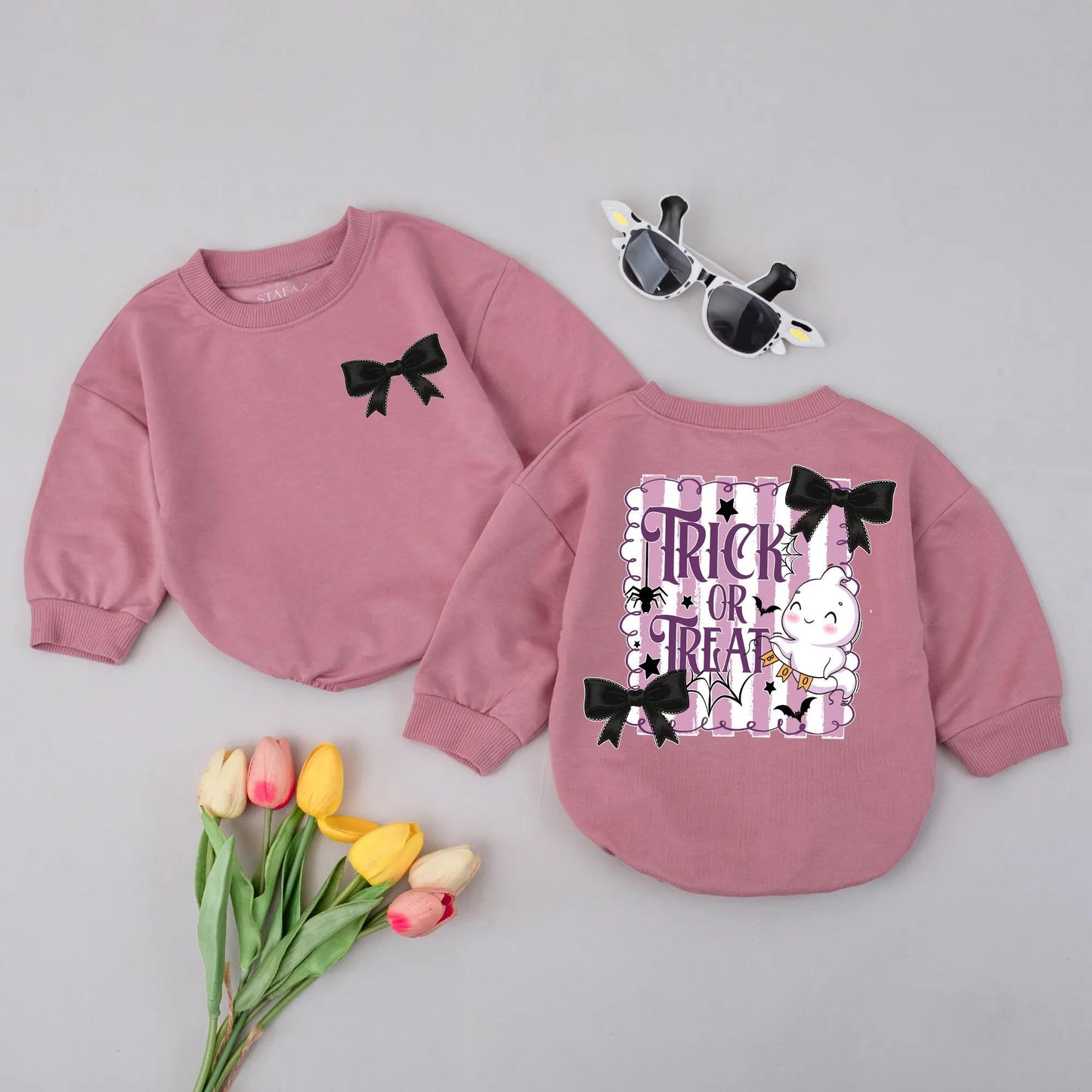 Cute Trick or Treat Baby Bubble Romper Pastel Goth Halloween Girl Outfit with Black Bow Spooky Baby Clothes for Fall Infant Costume