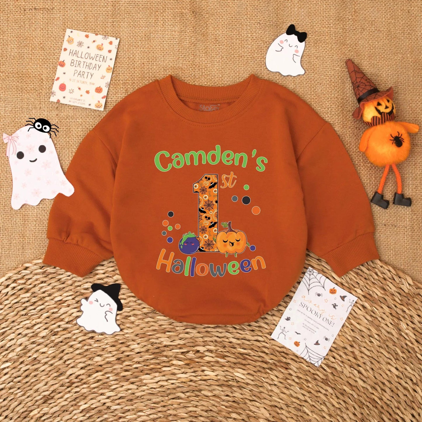 Personalized Baby's First Halloween Romper Custom Name Pumpkin Ghost Retro Baby Bodysuit Spooky Season Outfit