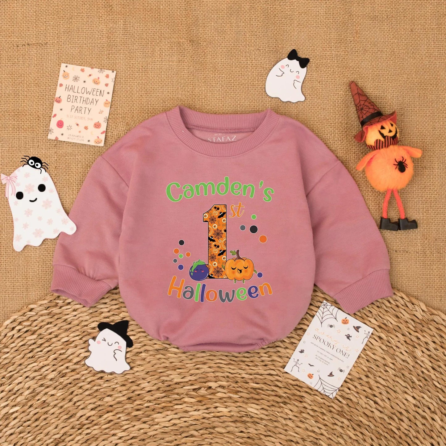 Personalized Baby's First Halloween Romper Custom Name Pumpkin Ghost Retro Baby Bodysuit Spooky Season Outfit