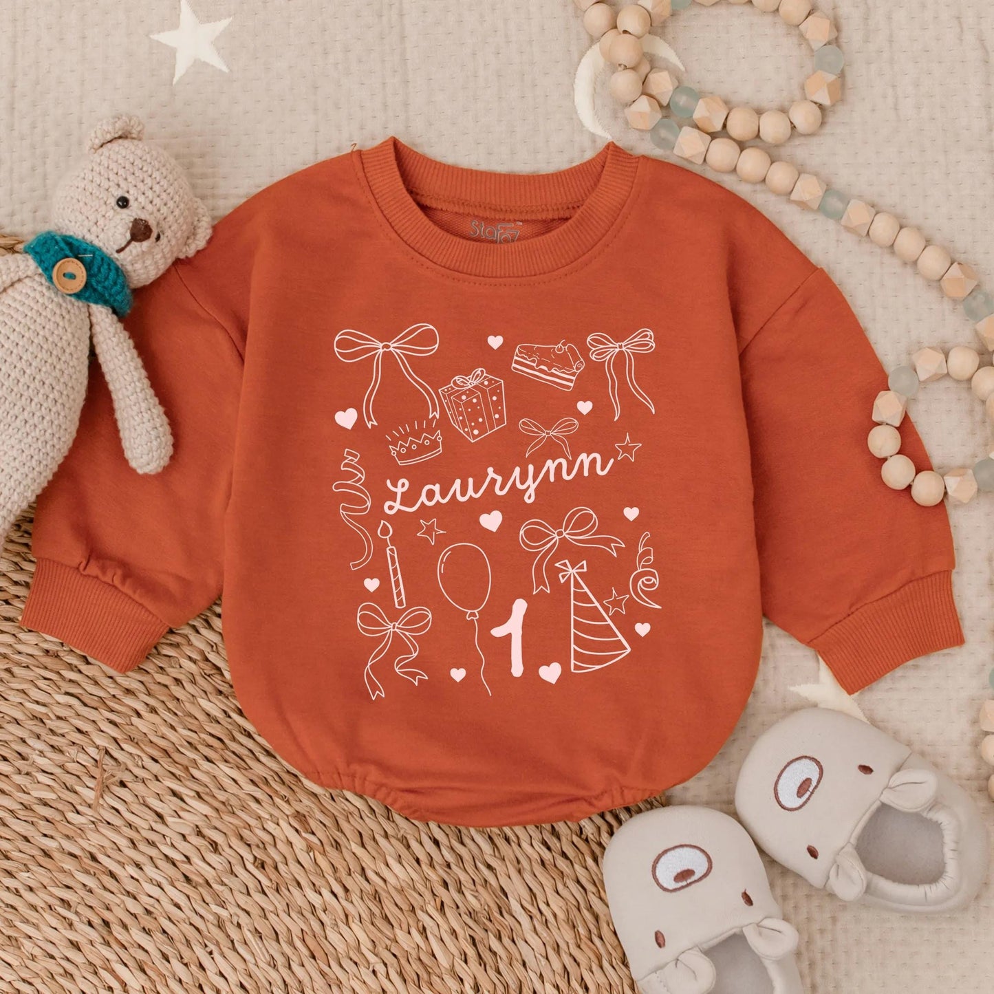 Custom Doodle Name Birthday Girl Bubble Romper - Pink Bow Baby Outfit, First Birthday Gift, Cute Toddler Clothes