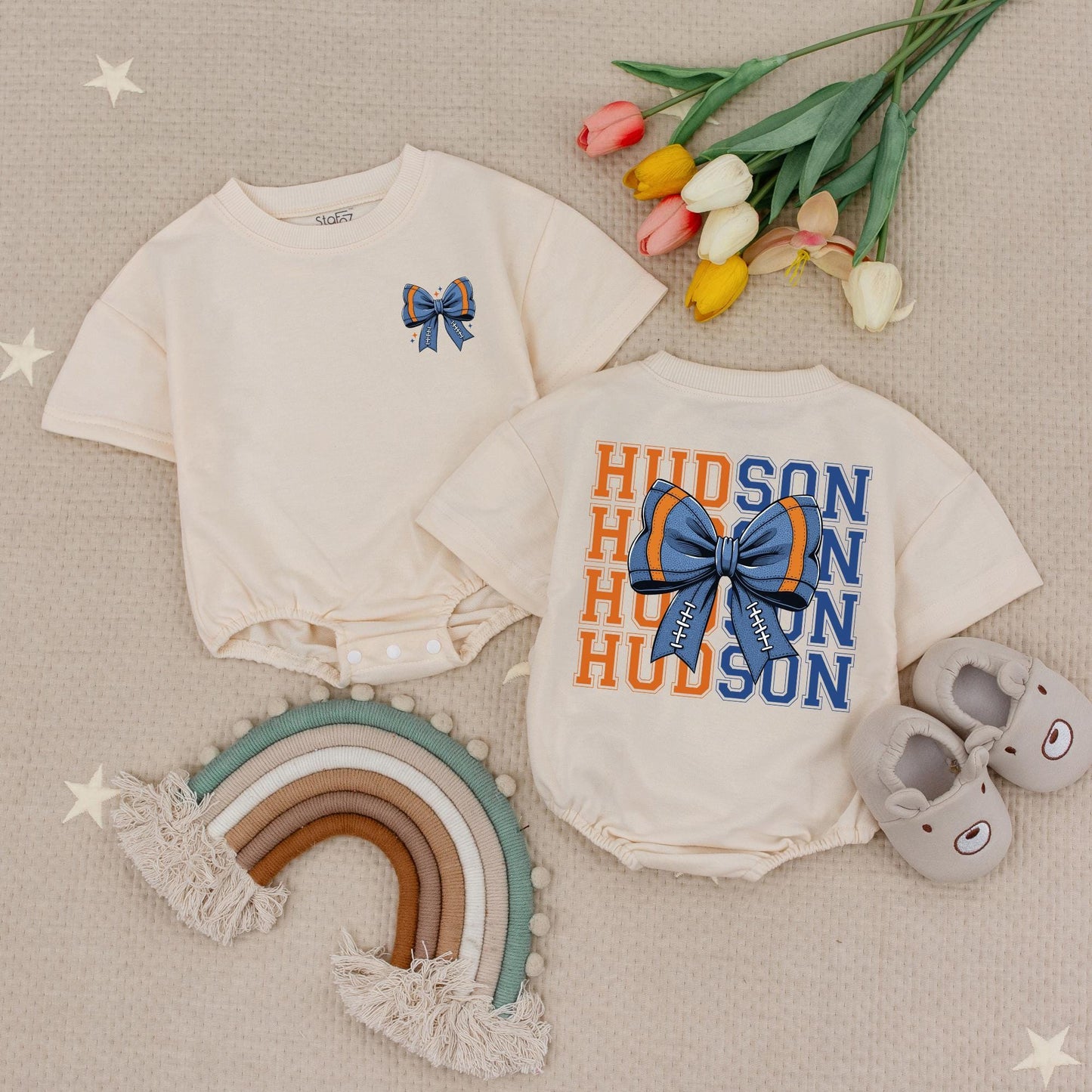 Personalized Hudson Football Bow Romper Baby Girl Outfit, Blue & Orange Game Day Toddler Shirt, Fall Football Season