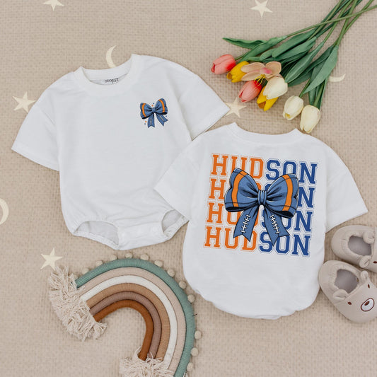 Personalized Hudson Football Bow Romper Baby Girl Outfit, Blue & Orange Game Day Toddler Shirt, Fall Football Season