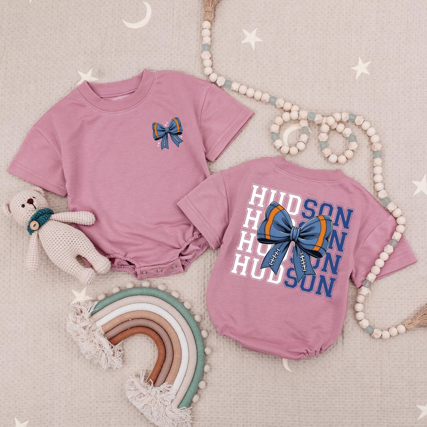 Personalized Hudson Football Bow Romper Baby Girl Outfit, Blue & Orange Game Day Toddler Shirt, Fall Football Season