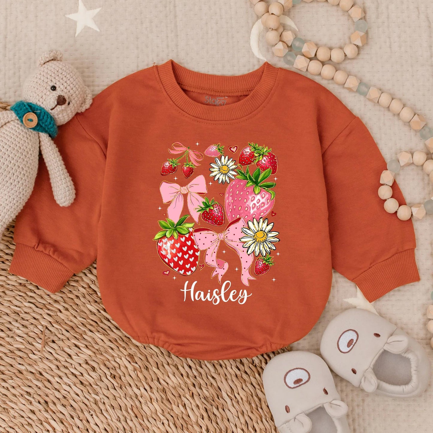 Personalized Boho Strawberry Romper | Sweet Baby Girl Summer Outfit & Floral Strawberry Shower Gift