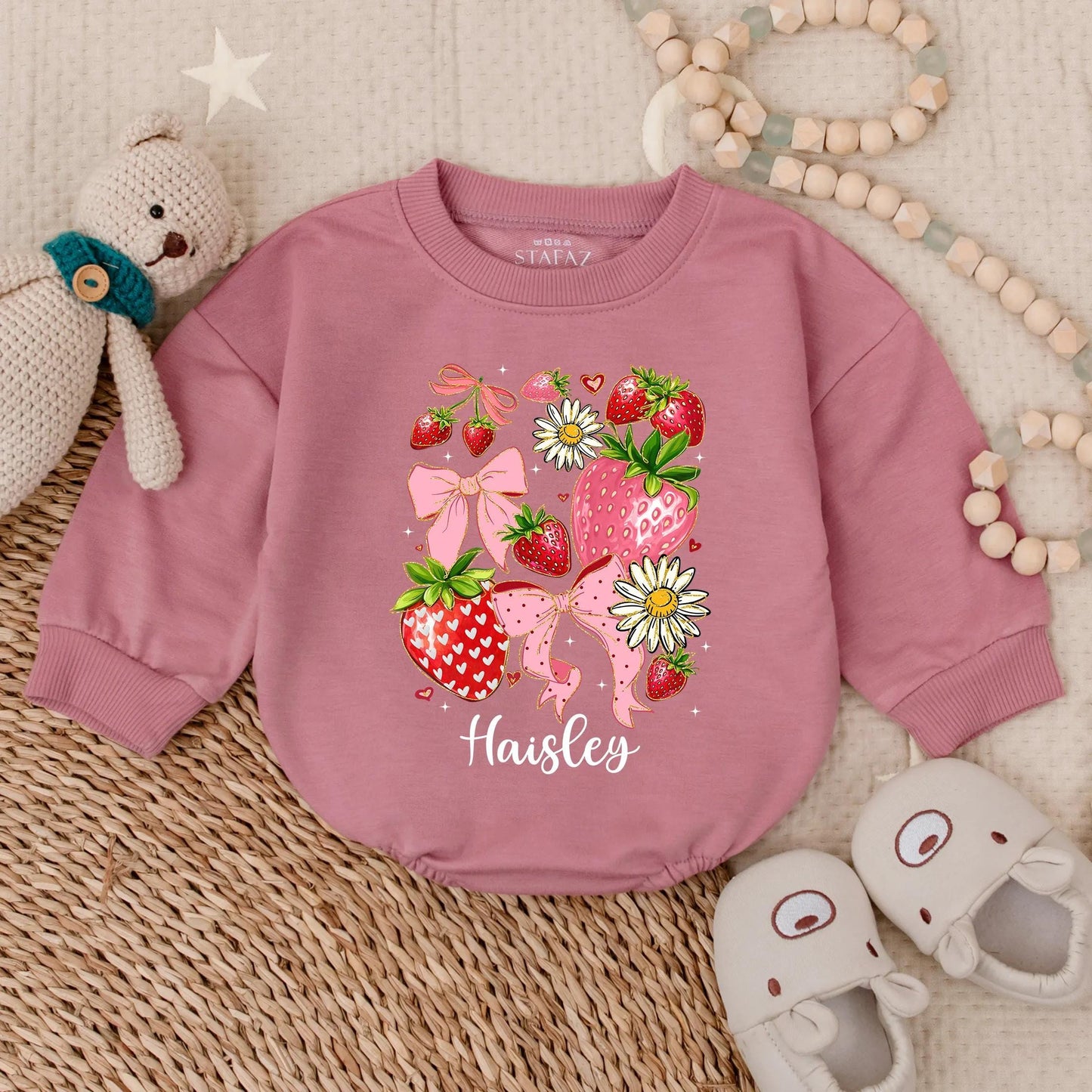 Personalized Boho Strawberry Romper | Sweet Baby Girl Summer Outfit & Floral Strawberry Shower Gift