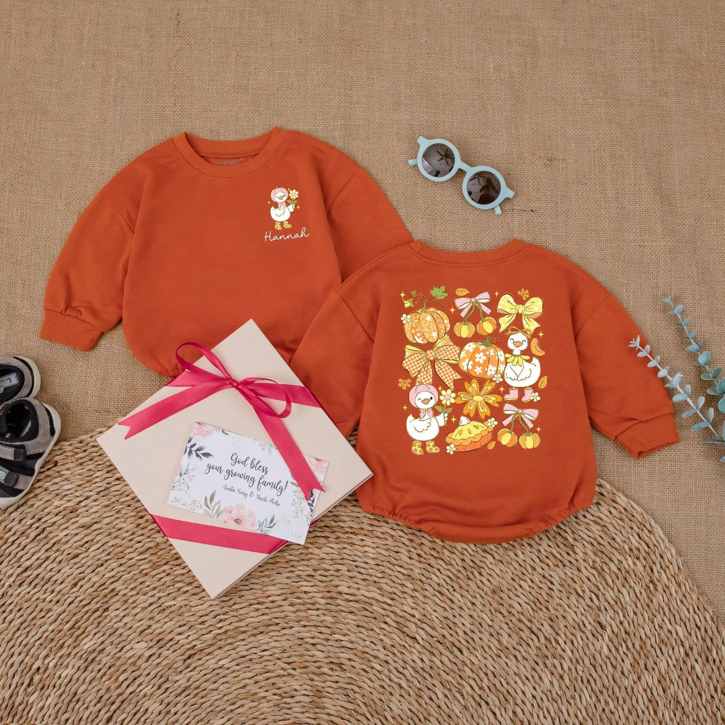 Personalized Baby Girl Fall Goose Romper with Custom Name for Autumn Pumpkin Season First Fall Outfit Newborn Bubble Bodysuit Gift Idea