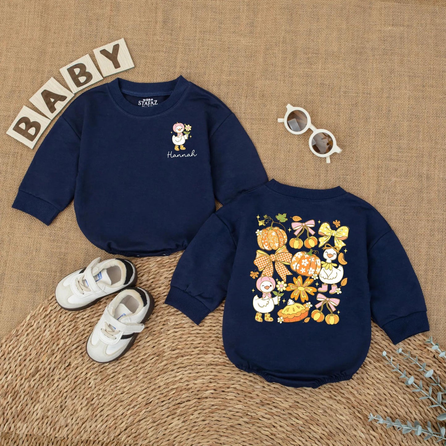 Personalized Baby Girl Fall Goose Romper with Custom Name for Autumn Pumpkin Season First Fall Outfit Newborn Bubble Bodysuit Gift Idea