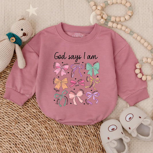 God Says I Am Romper for Baby Girl Pastel Bows & Bible Verses Sweet Christian Outfit Toddler Shower Gift