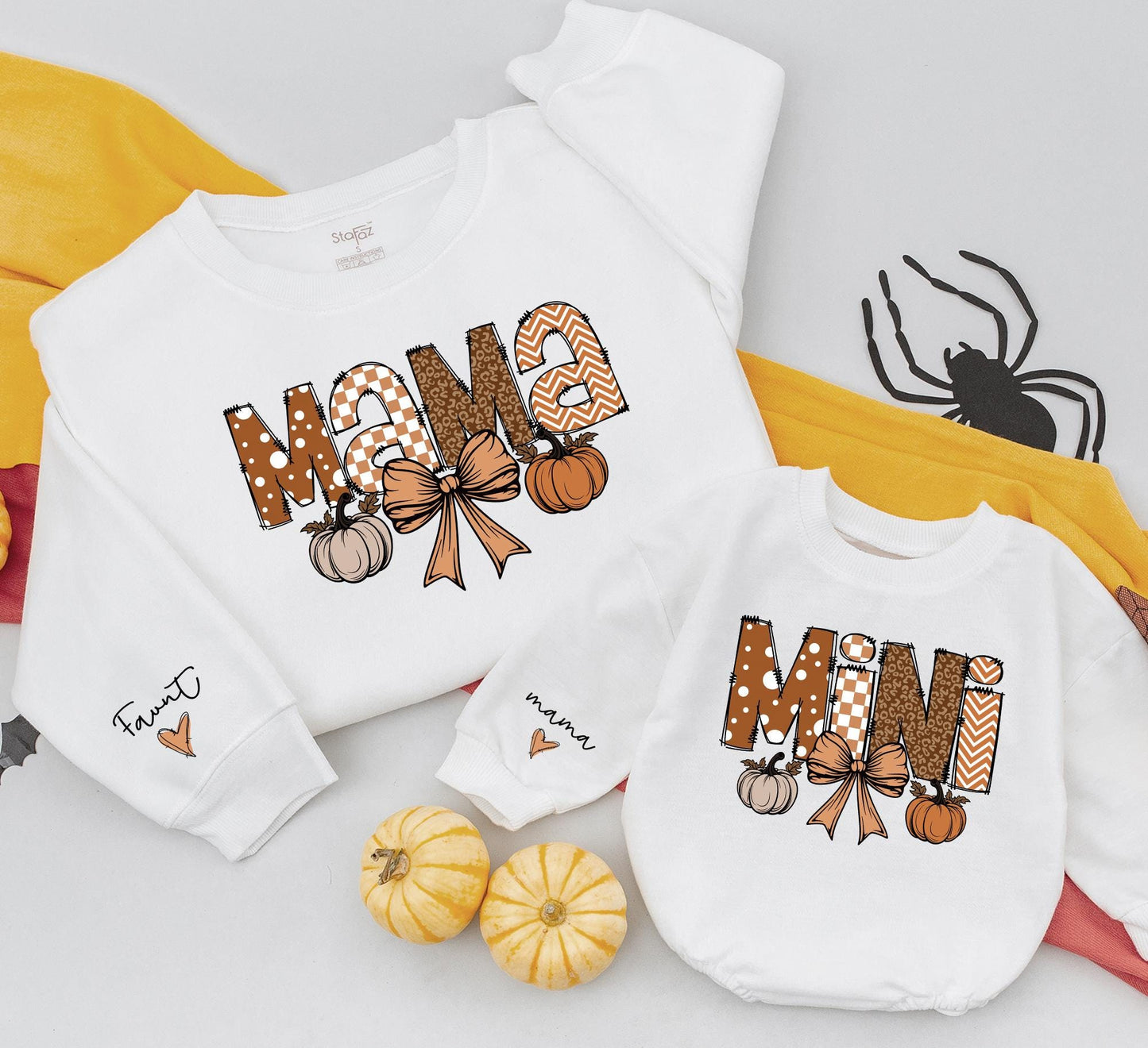 Retro Halloween Mama and Mini Matching Sweatshirts, Leopard Polka Dot Fall Outfit, Mom and Daughter Sweaters, Cute Bow & Pumpkin Design, Comfy (139 chars)