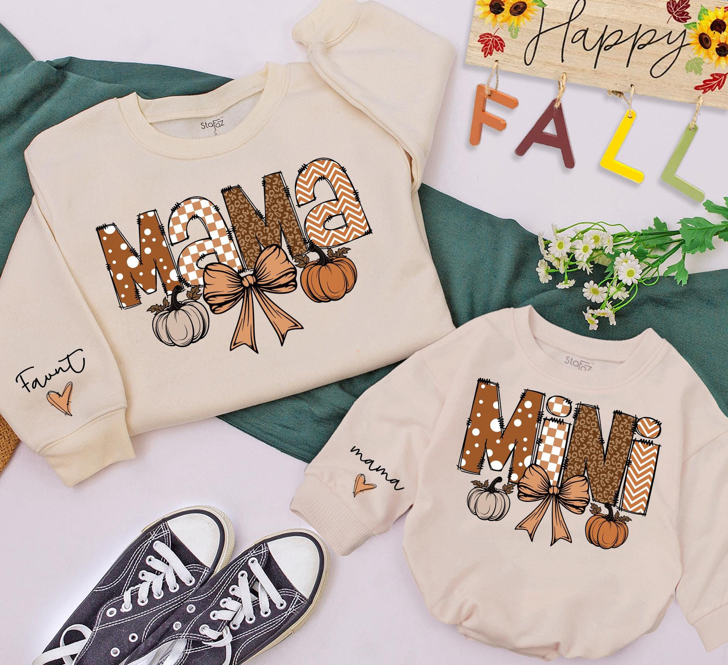 Retro Halloween Mama and Mini Matching Sweatshirts, Leopard Polka Dot Fall Outfit, Mom and Daughter Sweaters, Cute Bow & Pumpkin Design, Comfy (139 chars)