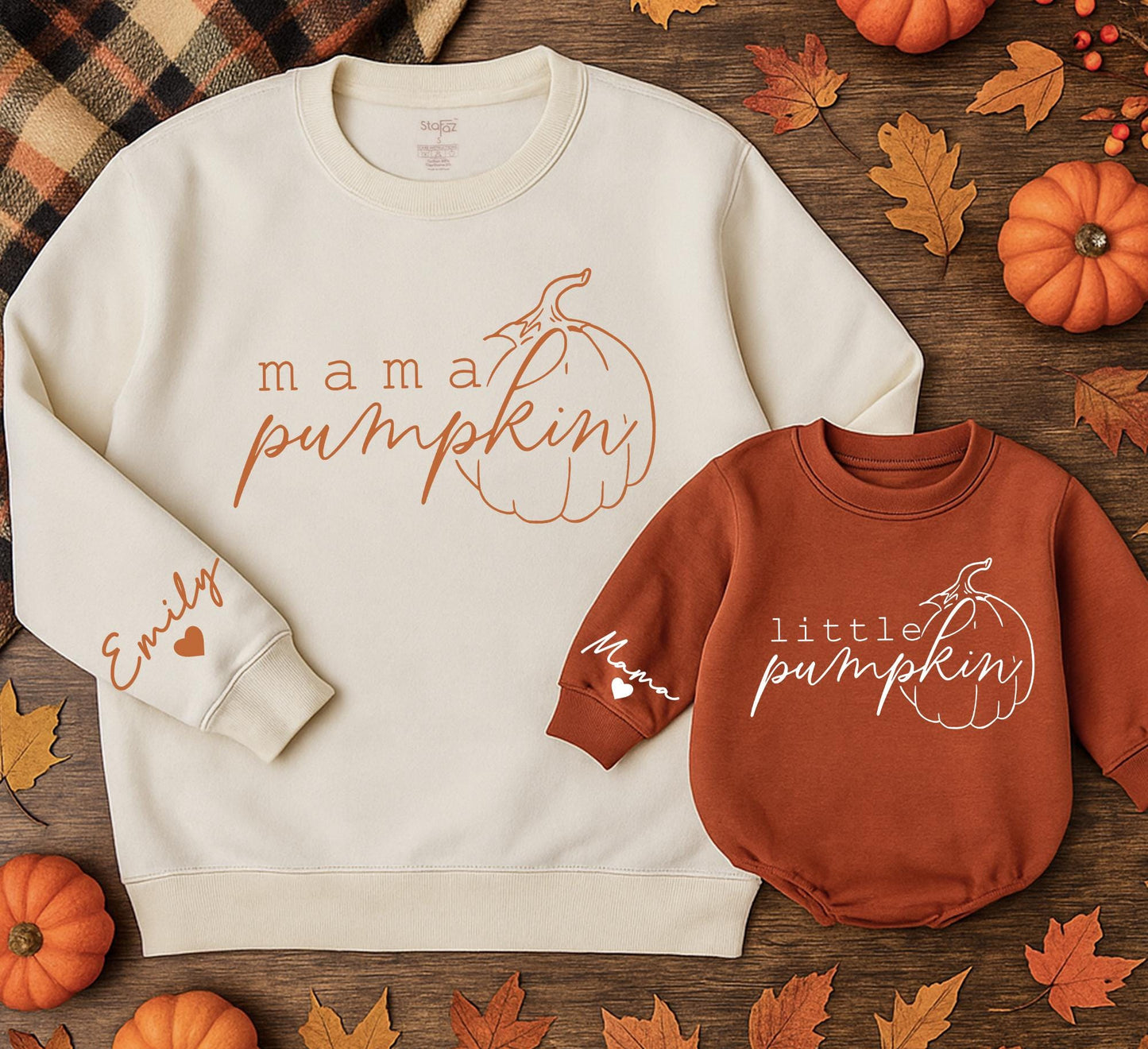 Retro Mama and Mini Pumpkin Sweatshirts Custom Name Sleeve Matching Family Fall Outfits Cozy Autumn Gift