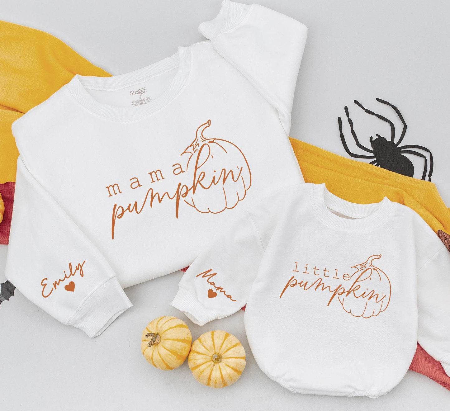 Retro Mama and Mini Pumpkin Sweatshirts Custom Name Sleeve Matching Family Fall Outfits Cozy Autumn Gift
