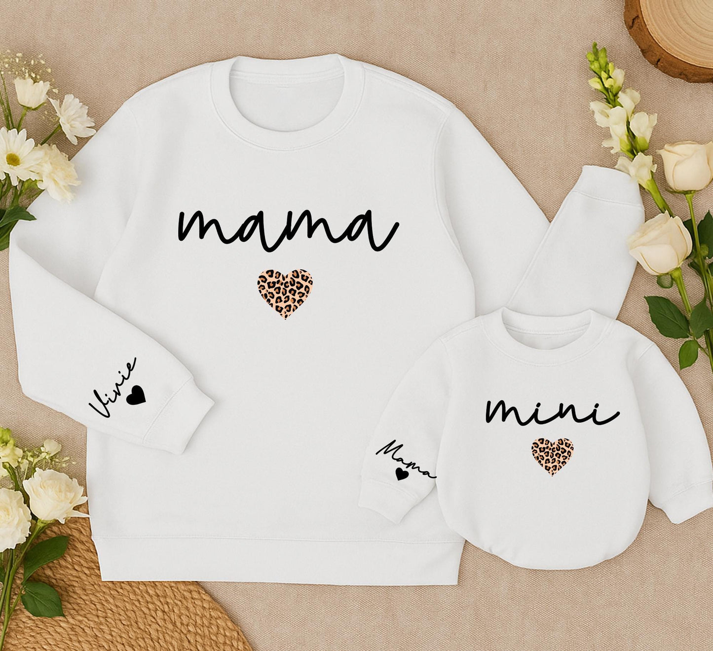 Personalized Mama and Mini Sweatshirt Vivie Name Leopard Heart Matching Family Outfits for Daughter Baby Girl Christmas