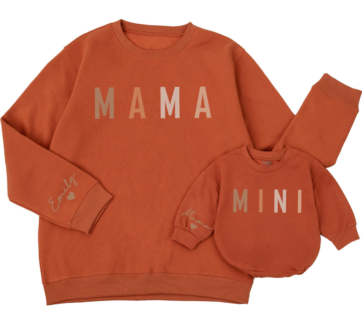 Personalized Mama Mini Brown Serif Matching Family Sweatshirts with Name Detail on Sleeve Perfect for Mom and Baby Girl Gifts