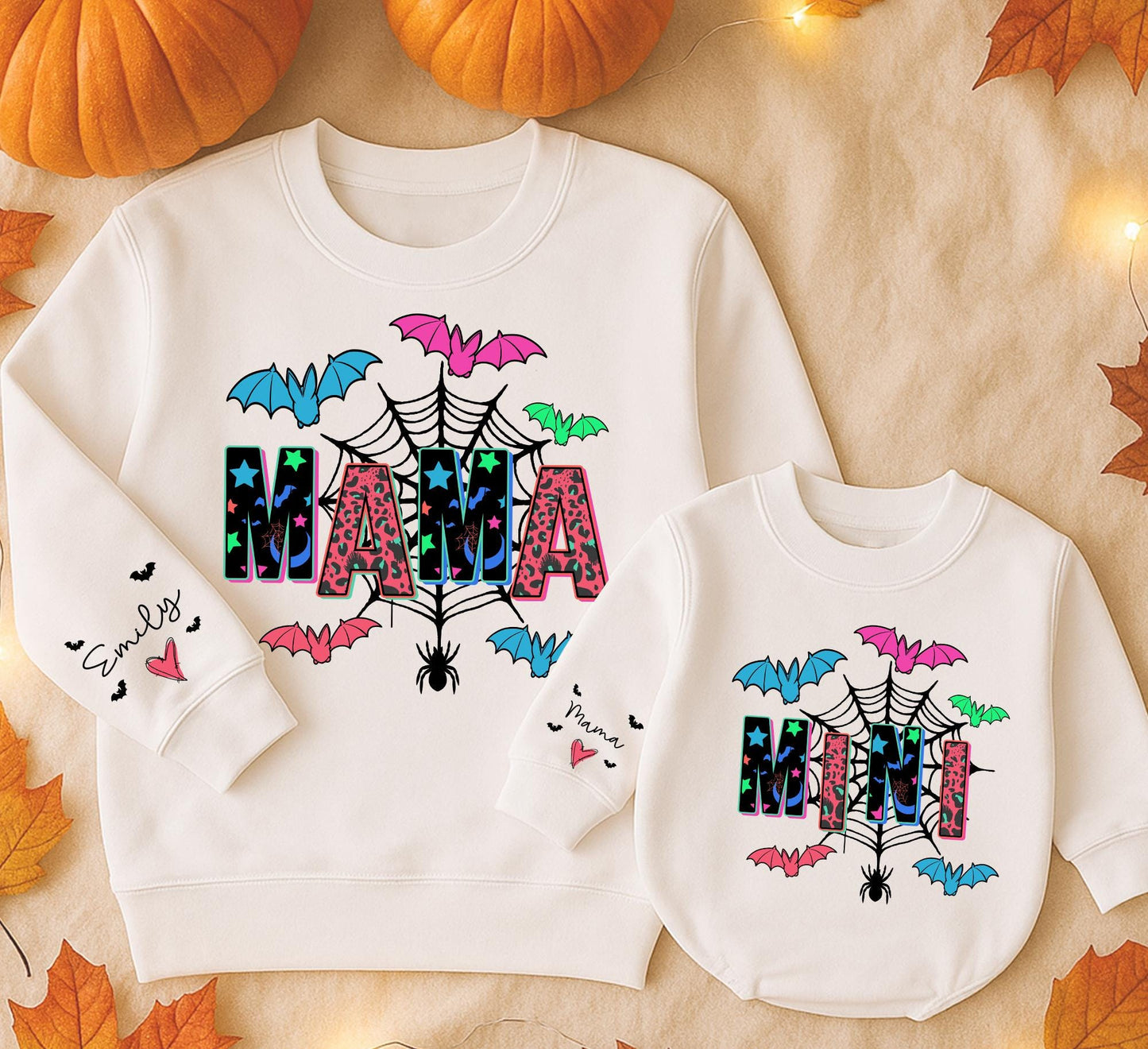 Mama and Mini Halloween Matching Sweatshirts Custom Sleeve Text Colorful Blue Pink Green Bats Black Spiderweb Fun Festive Family Gift