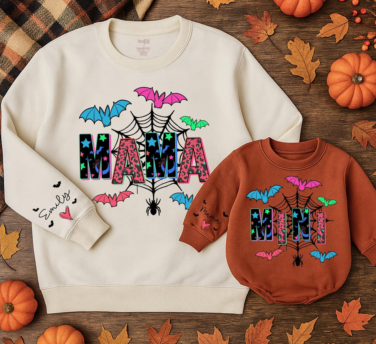 Mama and Mini Halloween Matching Sweatshirts Custom Sleeve Text Colorful Blue Pink Green Bats Black Spiderweb Fun Festive Family Gift