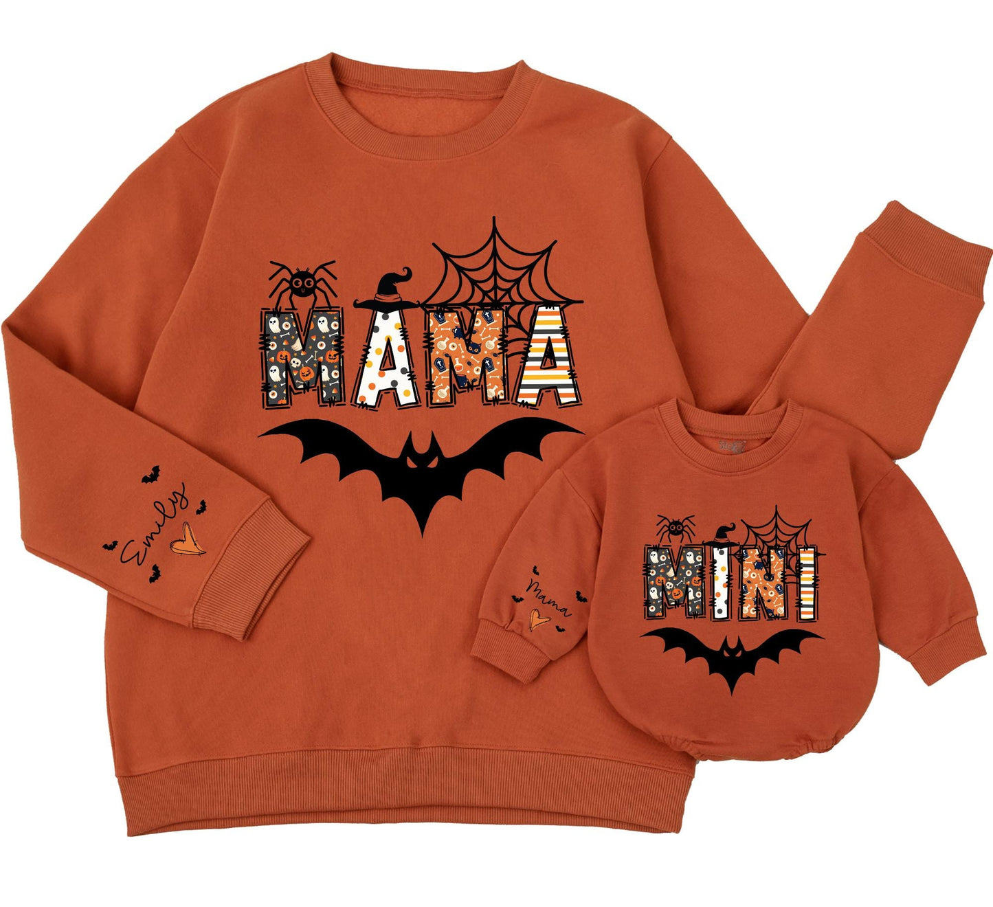 Mama & Mini Halloween Sweatshirts Spooky Spider Bat Witch Hat Orange Black Pattern Matching Family Outfits Gift