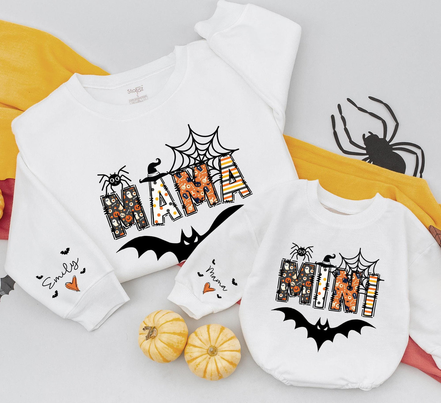 Mama & Mini Halloween Sweatshirts Spooky Spider Bat Witch Hat Orange Black Pattern Matching Family Outfits Gift