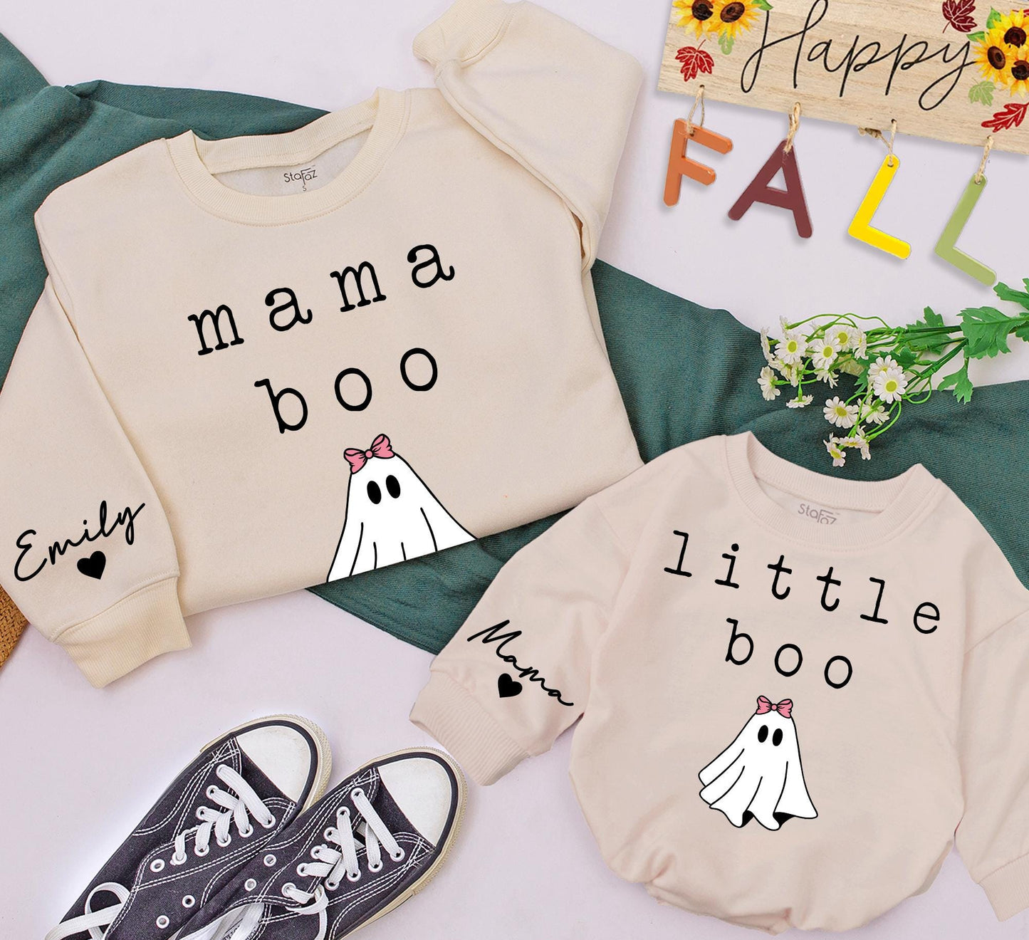Mama Boo & Mini Boo Halloween Sweatshirts Matching Set, Cute Ghost Family Outfits, Personalized Name Sleeve, Retro Holiday Gift, Mommy and Me, Fall Comfort (138)