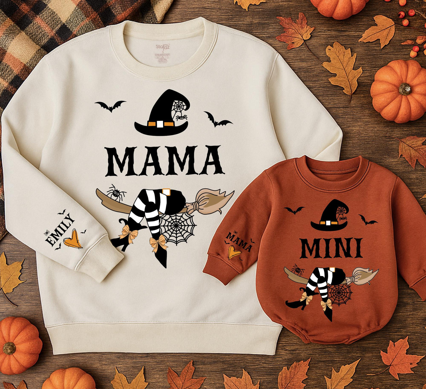 Custom Mommy and Me Witchy Halloween Sweatshirts Baby Rompers with Mama Mini Bold Text Witch Hat Spiderweb Broom Bats Orange Design Personalized Sleeve