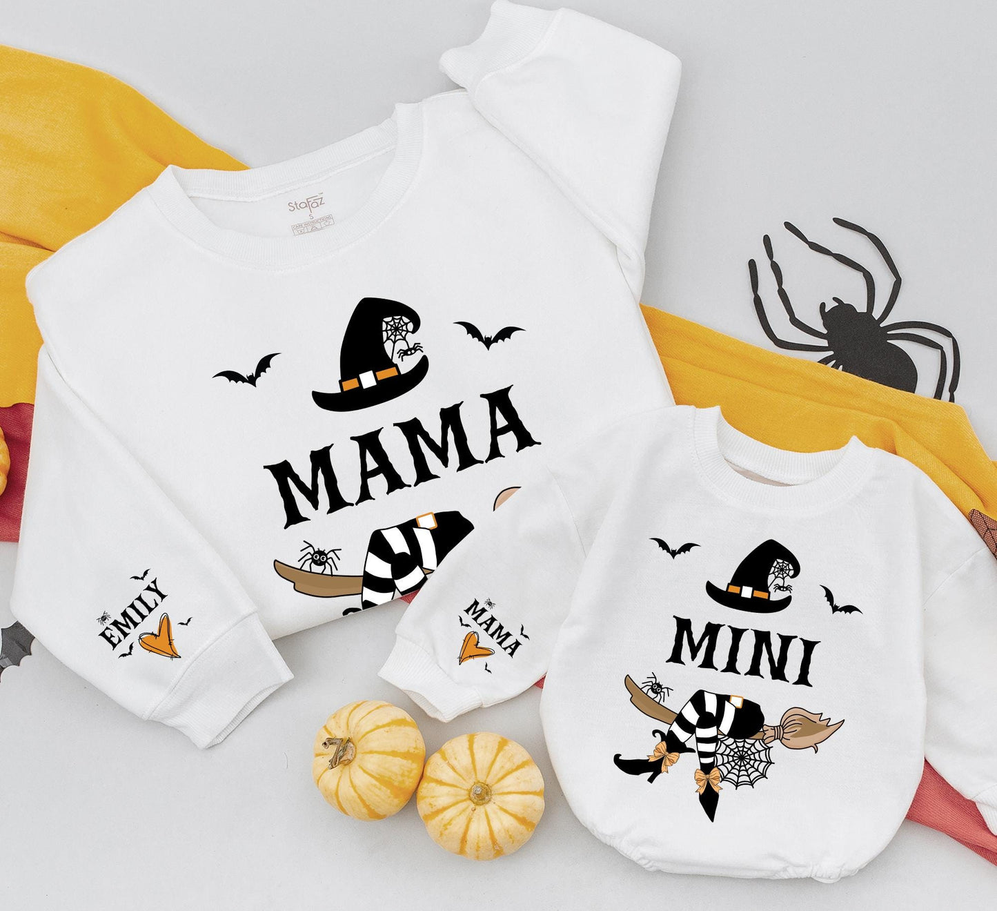 Custom Mommy and Me Witchy Halloween Sweatshirts Baby Rompers with Mama Mini Bold Text Witch Hat Spiderweb Broom Bats Orange Design Personalized Sleeve
