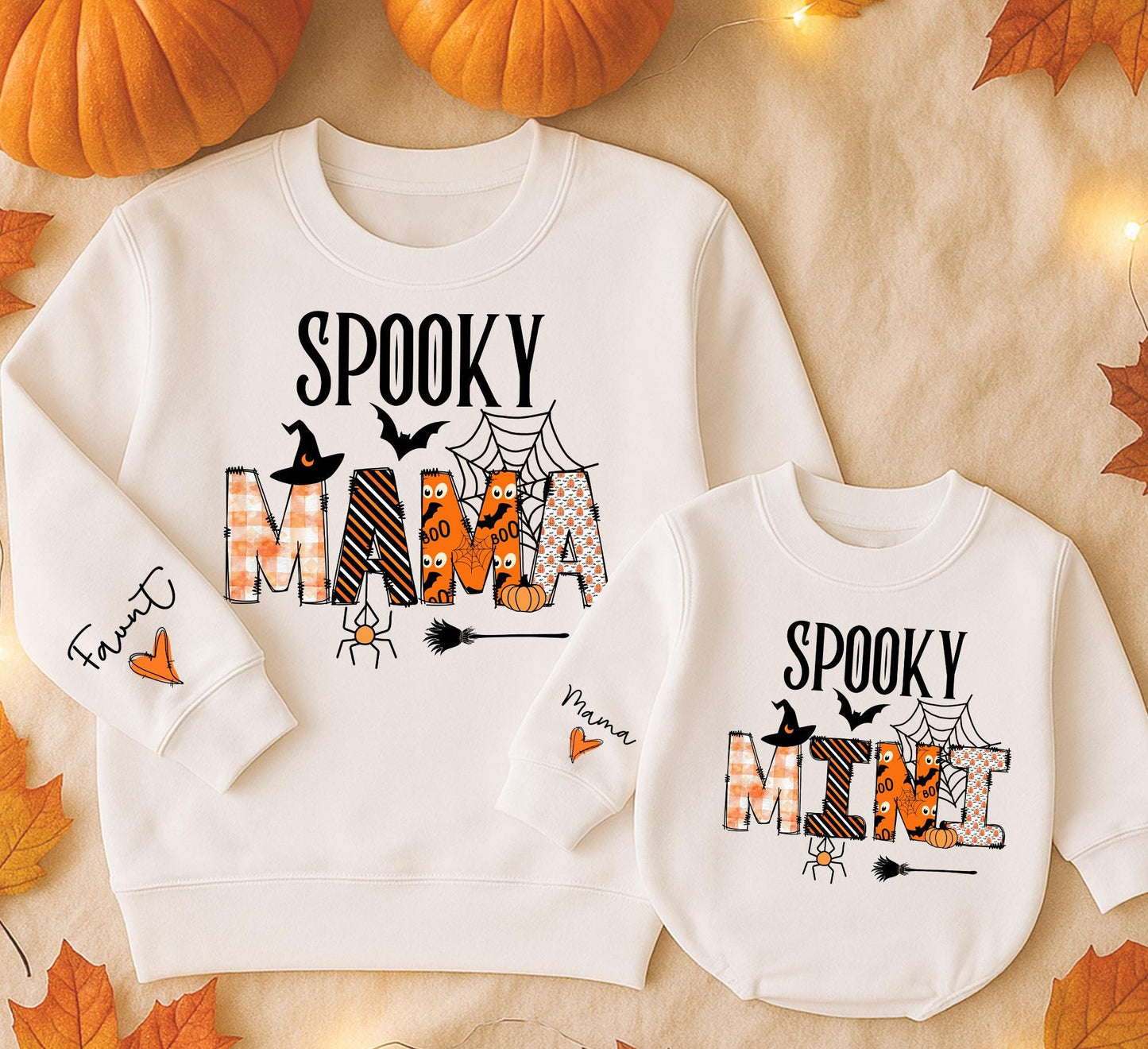 Spooky Mama & Mini Halloween Sweatshirts Family Matching Outfits, Orange Plaid & Pumpkin Design, Cozy Fall Gift for Mom & Baby