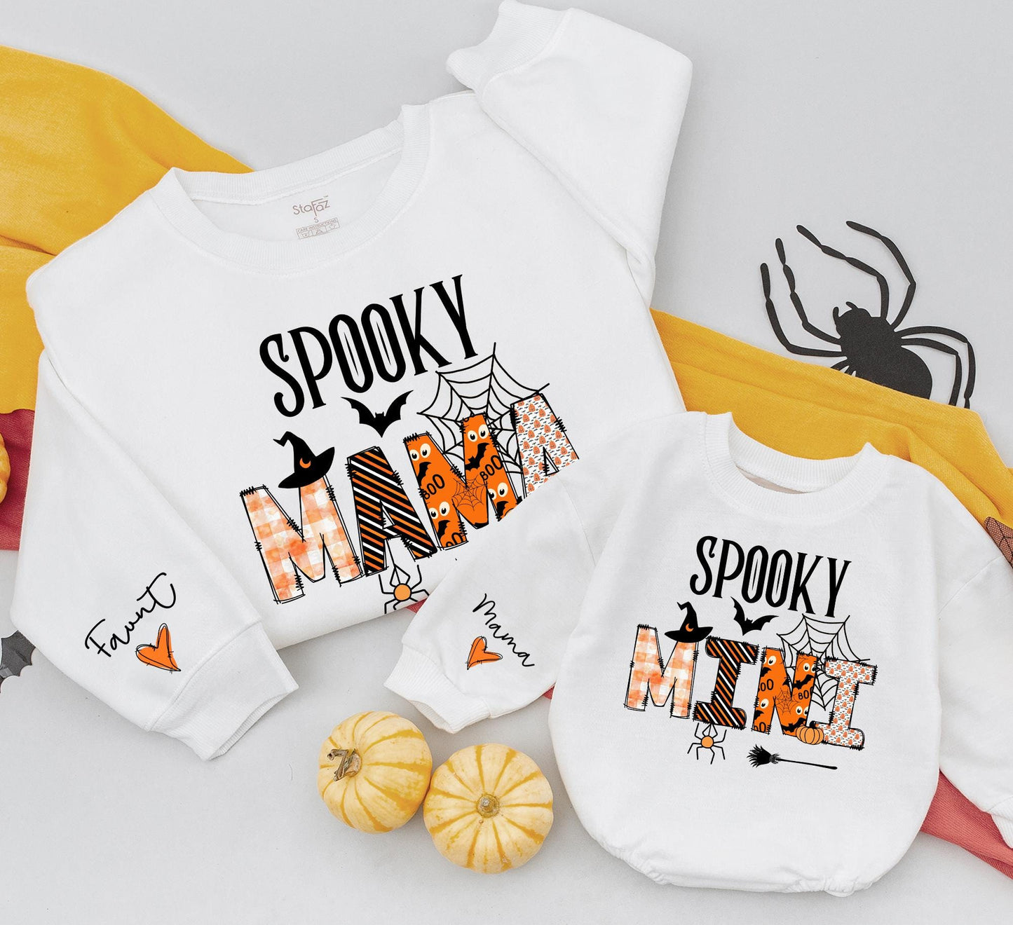 Spooky Mama & Mini Halloween Sweatshirts Family Matching Outfits, Orange Plaid & Pumpkin Design, Cozy Fall Gift for Mom & Baby