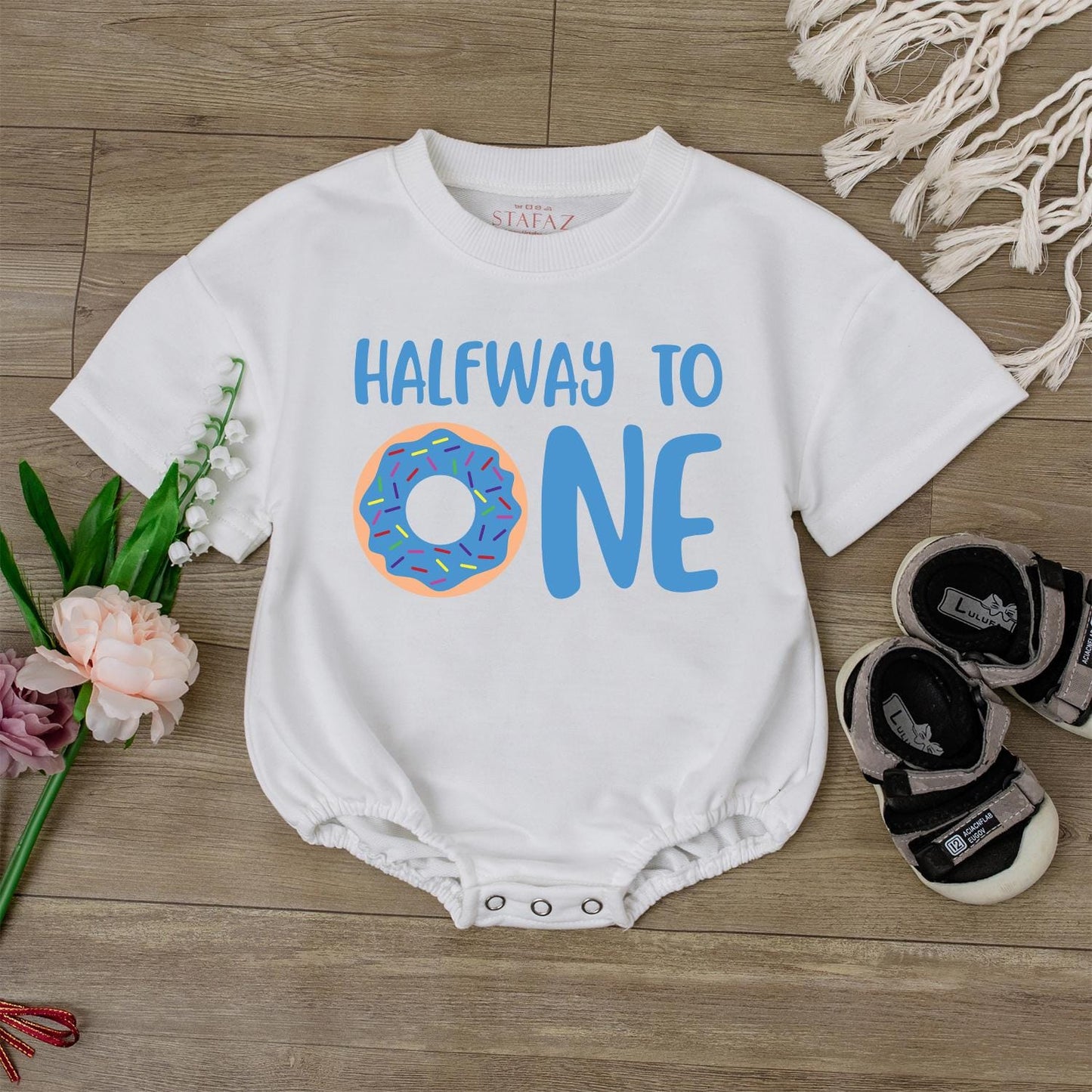 Half Way to One Donut Birthday Romper for Boys Adorable Donut Theme Outfit for 1/2 Birthday Celebrations and Baby Shower Gifts
