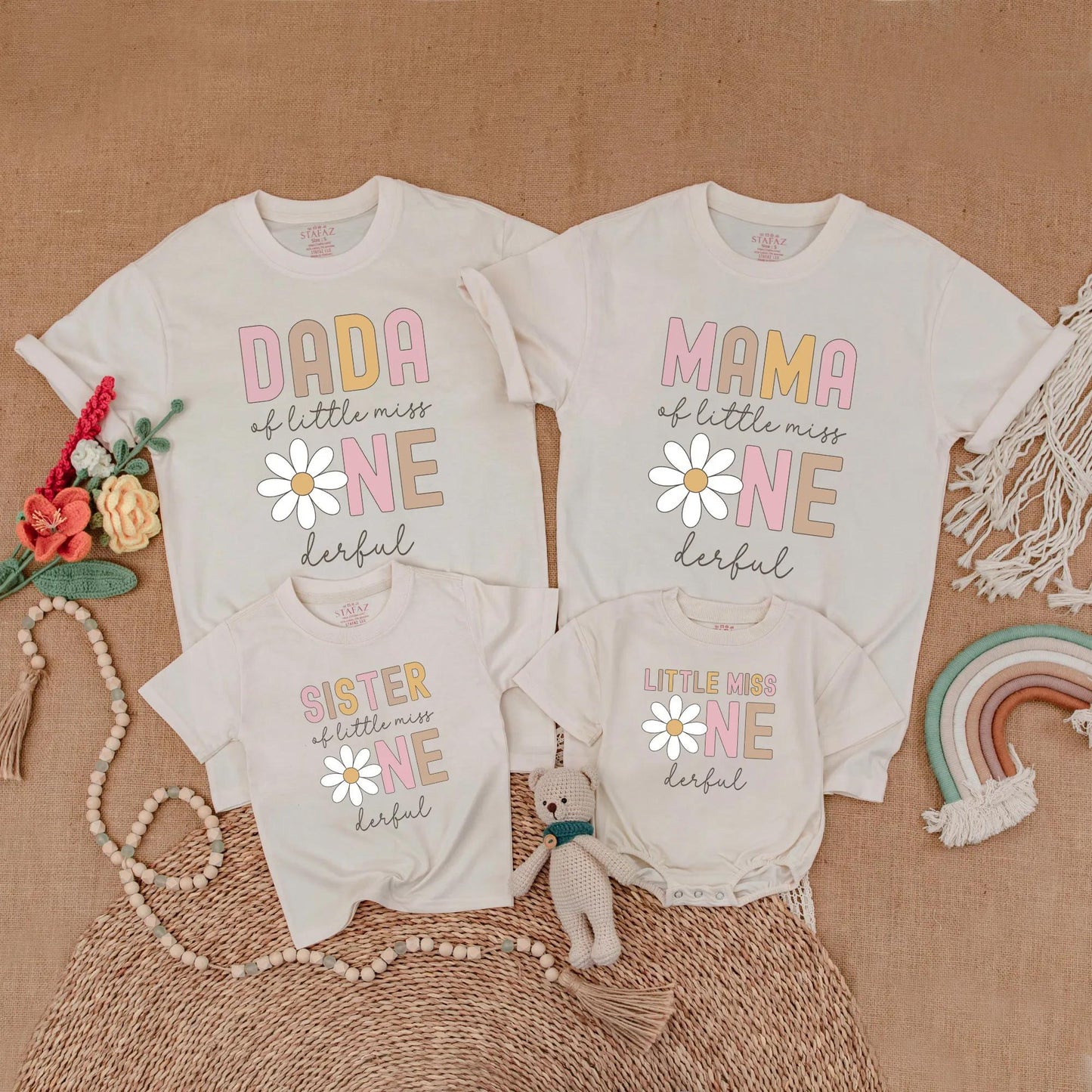 Little Miss One Birthday Shirt Boho Daisy 1st Birthday Girl Outfit Mommy and Me Matching Family Gift Soft Cotton Casual Party Baby Girl Clothes