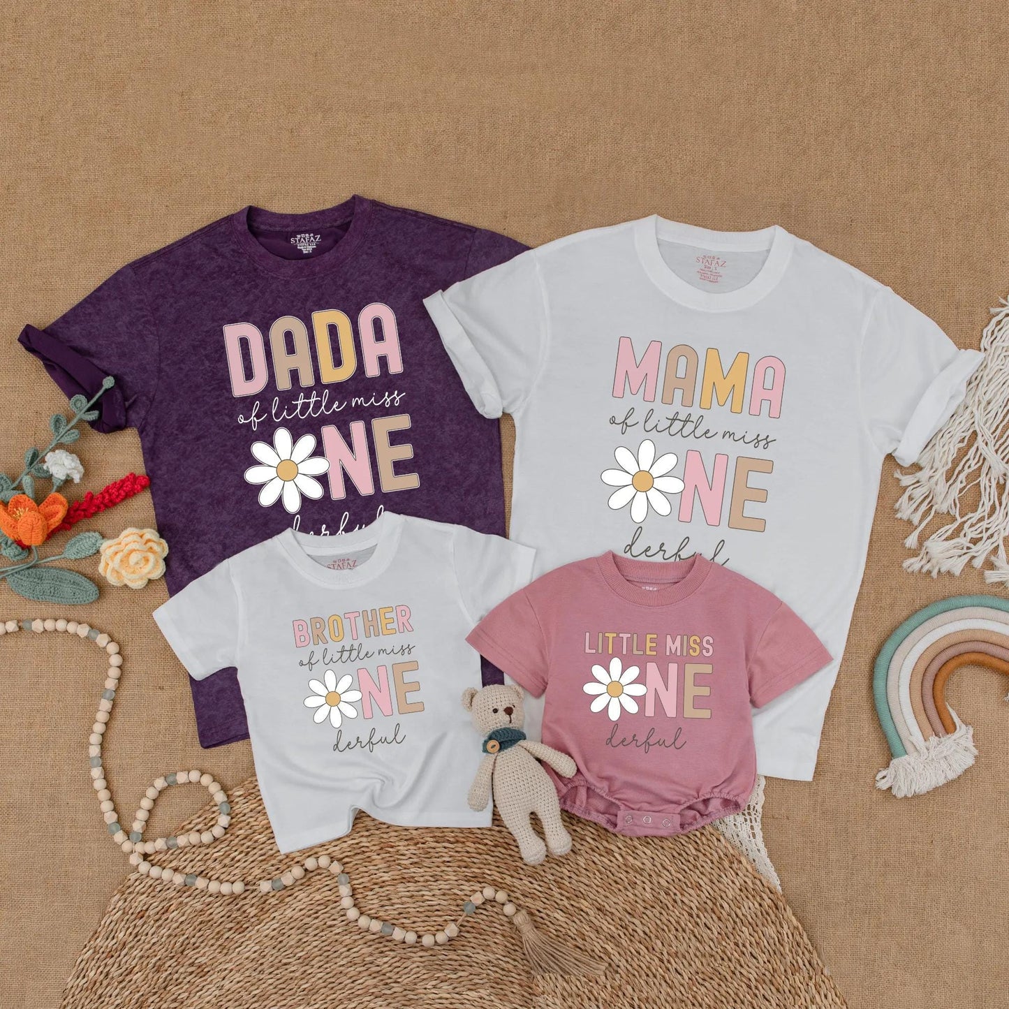 Little Miss One Birthday Shirt Boho Daisy 1st Birthday Girl Outfit Mommy and Me Matching Family Gift Soft Cotton Casual Party Baby Girl Clothes