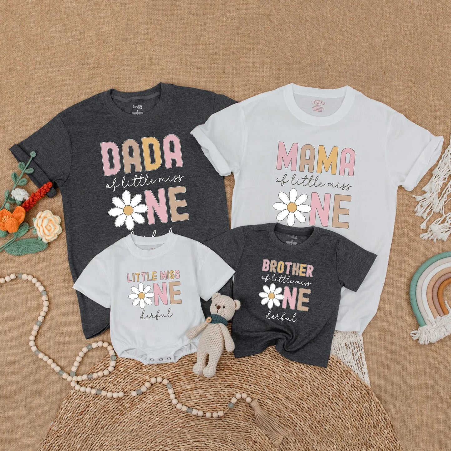 Little Miss One Birthday Shirt Boho Daisy 1st Birthday Girl Outfit Mommy and Me Matching Family Gift Soft Cotton Casual Party Baby Girl Clothes