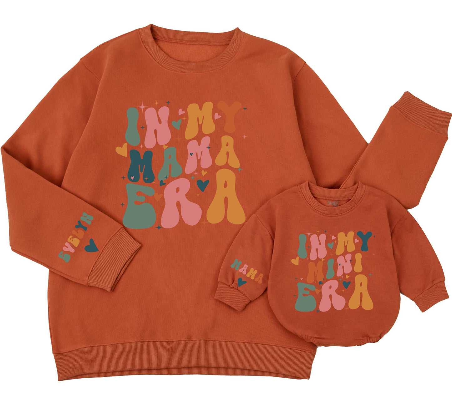 Groovy Retro Mama Era Sweatshirt with Starbursts and Hearts Personalized Mini Matching Family Shirt