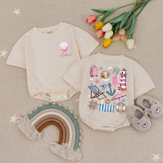 Custom Name Summer Vibes Baby Romper with Seashell Bow Cute Beach Outfit Personalized Summer Bodysuit Baby Gifts