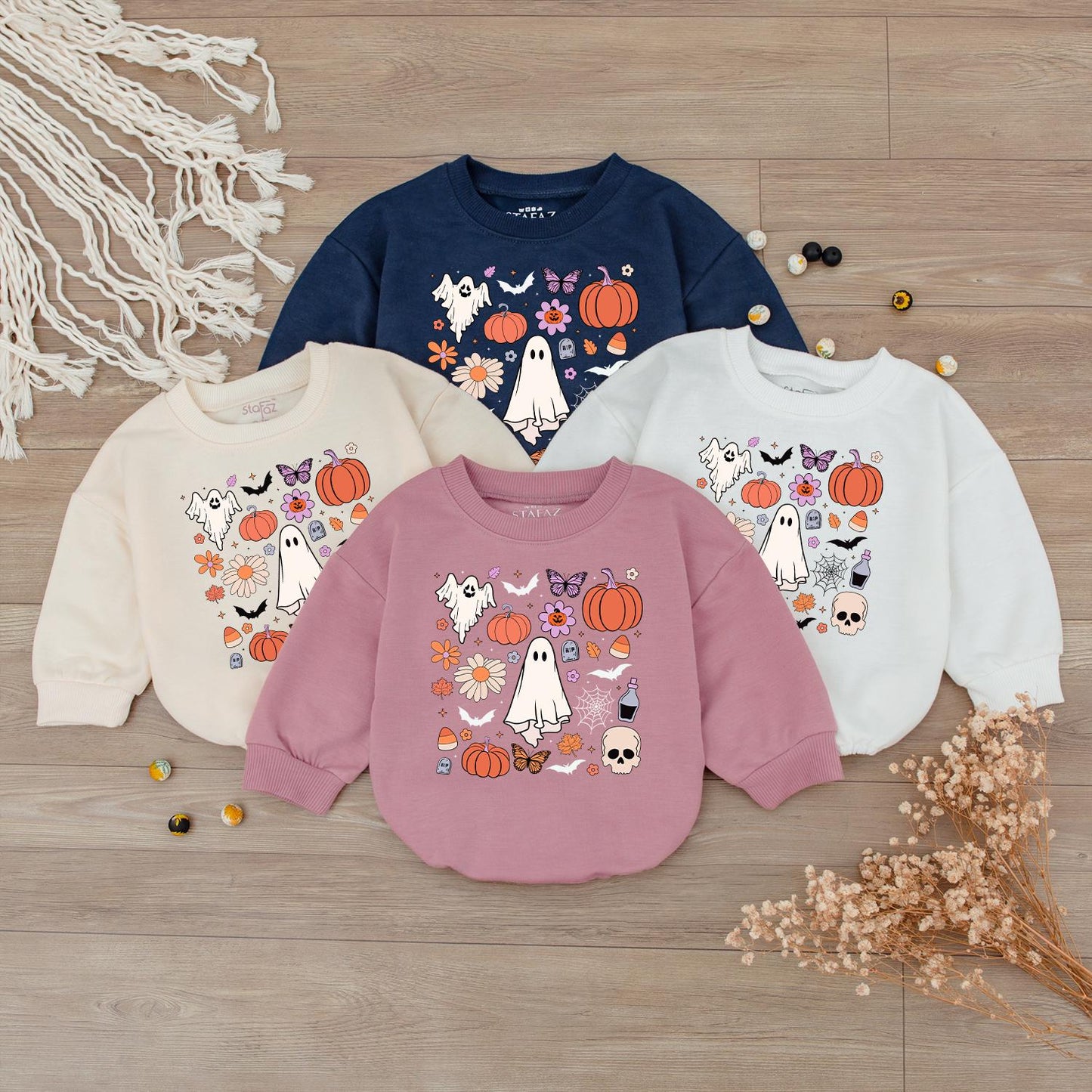 Retro Ghost Halloween Doodle Sweatshirt Toddler Baby Romper Spooky Fall Kid's Shirt First Halloween Gift