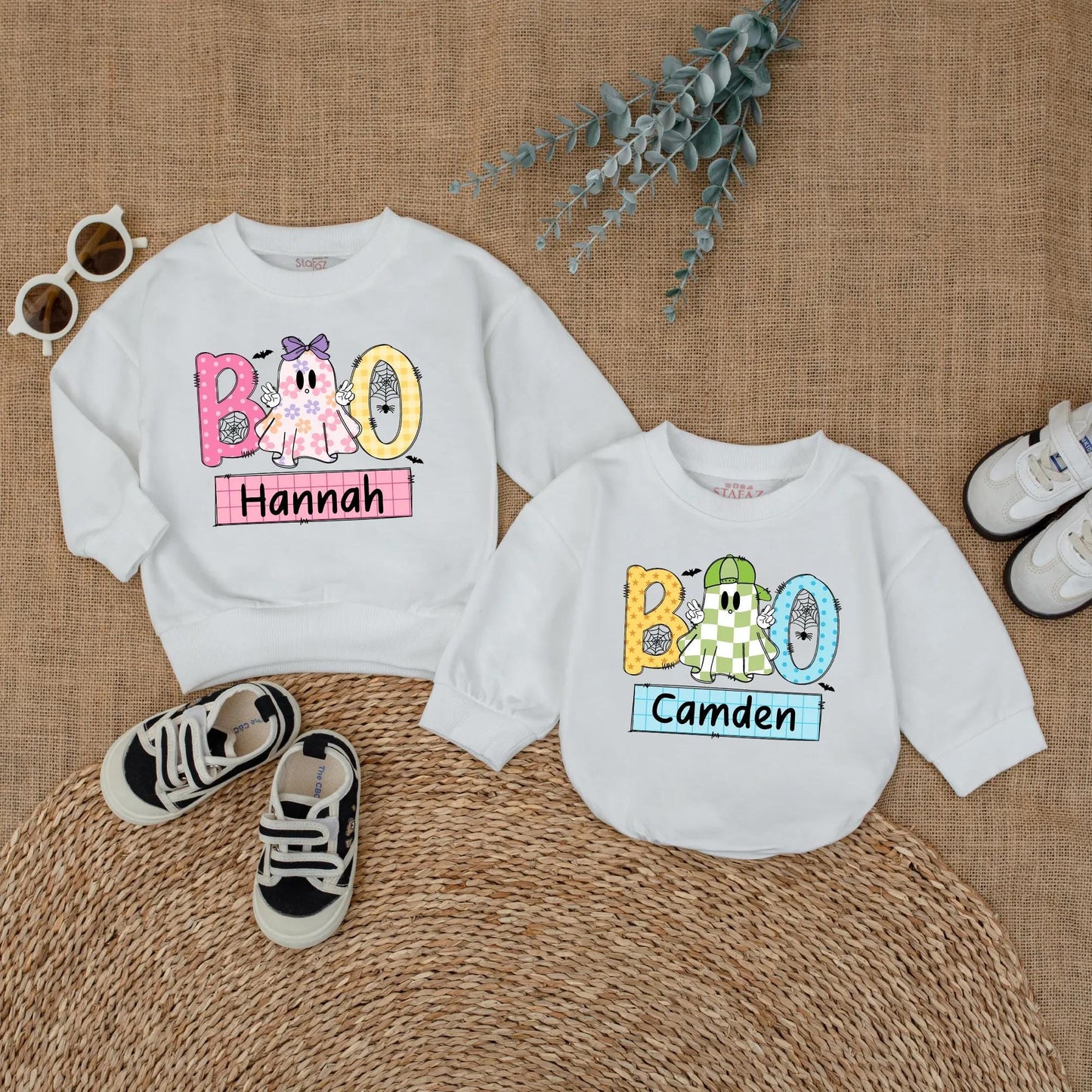 Personalized Boo Ghost Matching Siblings Halloween Outfits Boy Girl Sweatshirt Romper Toddler Baby Kids Fall Holiday Family Shirts
