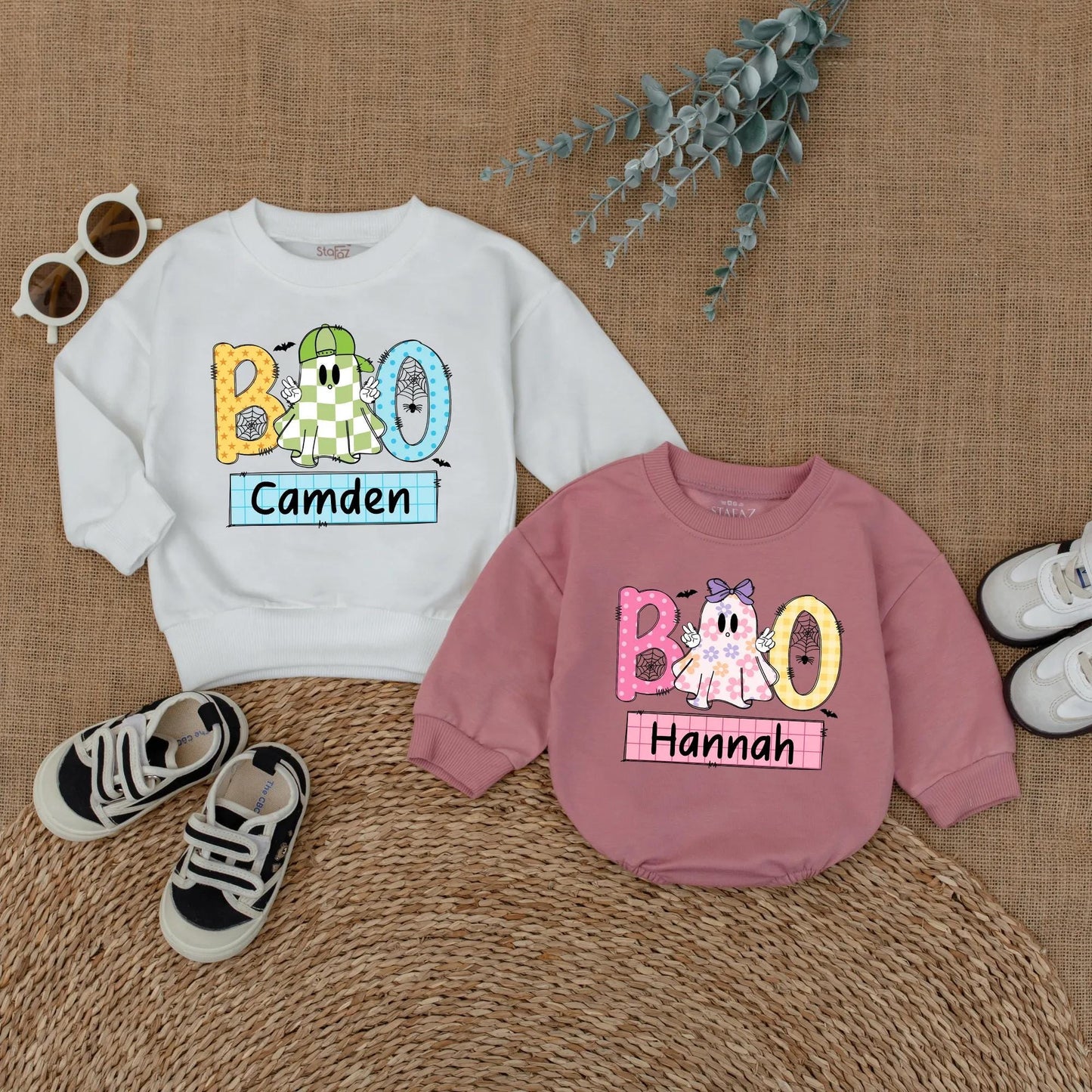 Personalized Boo Ghost Matching Siblings Halloween Outfits Boy Girl Sweatshirt Romper Toddler Baby Kids Fall Holiday Family Shirts