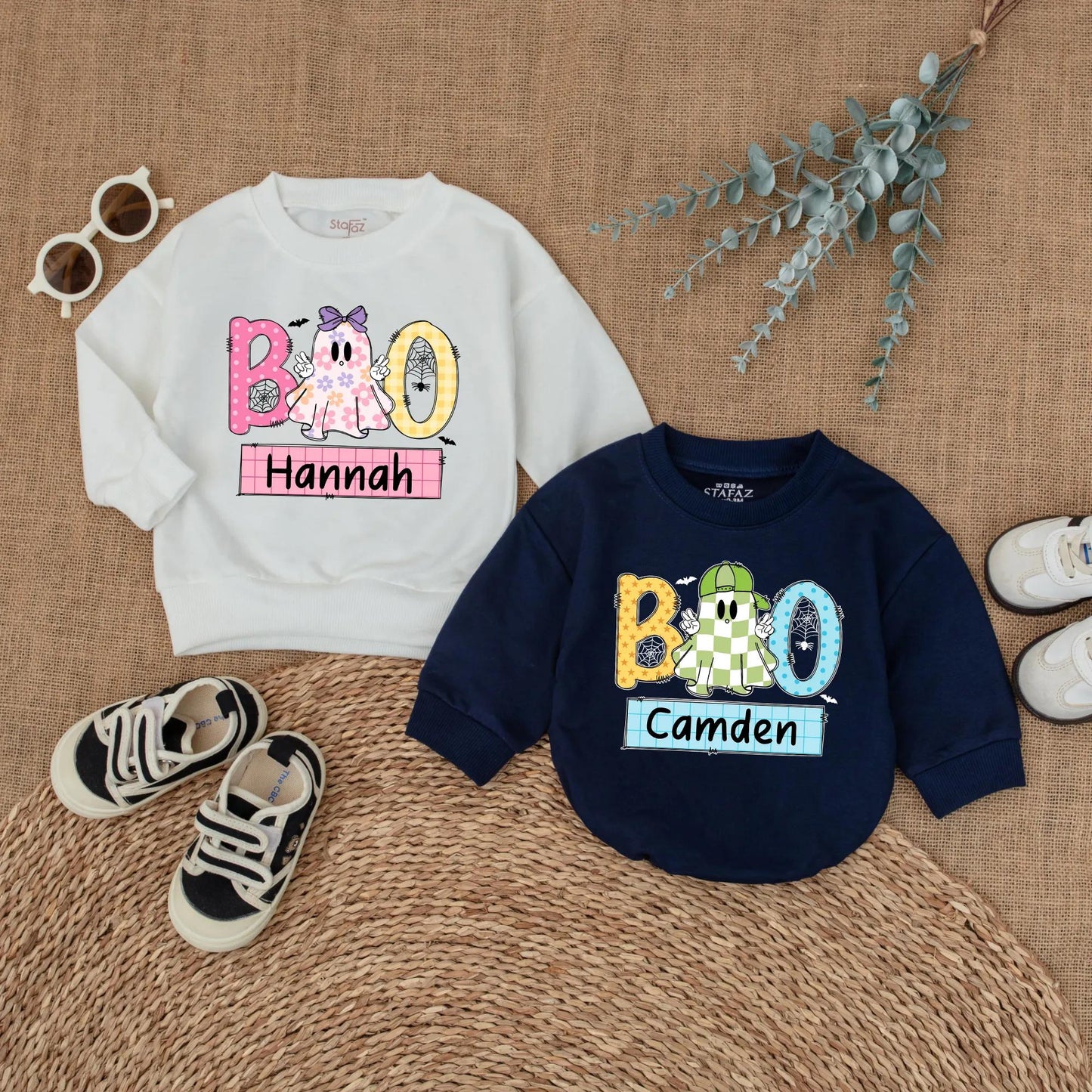 Personalized Boo Ghost Matching Siblings Halloween Outfits Boy Girl Sweatshirt Romper Toddler Baby Kids Fall Holiday Family Shirts