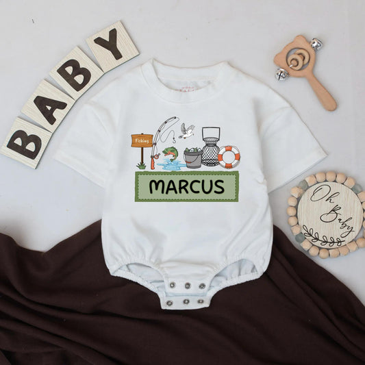 Personalized Fishing Baby Romper Custom Name Daddy and Me Outfit Baby Boy Girl Fall Outdoor Bodysuit Rustic Fisherman Camping Gift