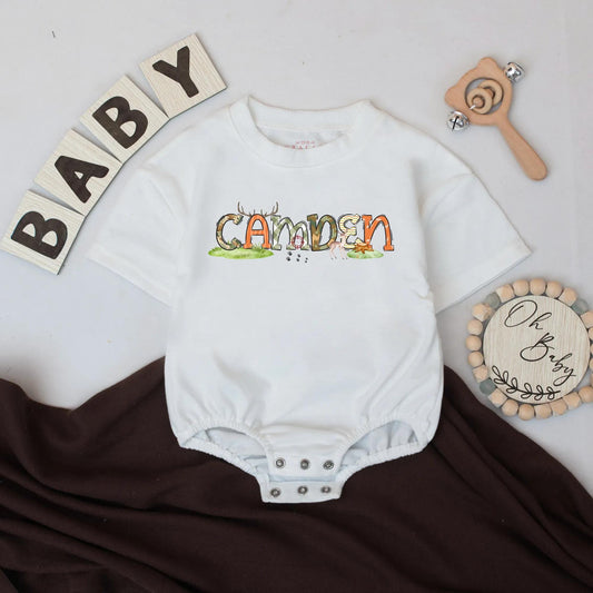 Personalized Deer Hunting Baby Romper with Custom Name Bubble Bodysuit Rustic Country Boy Outdoor Fall Outfit Comfortable Shower Gift