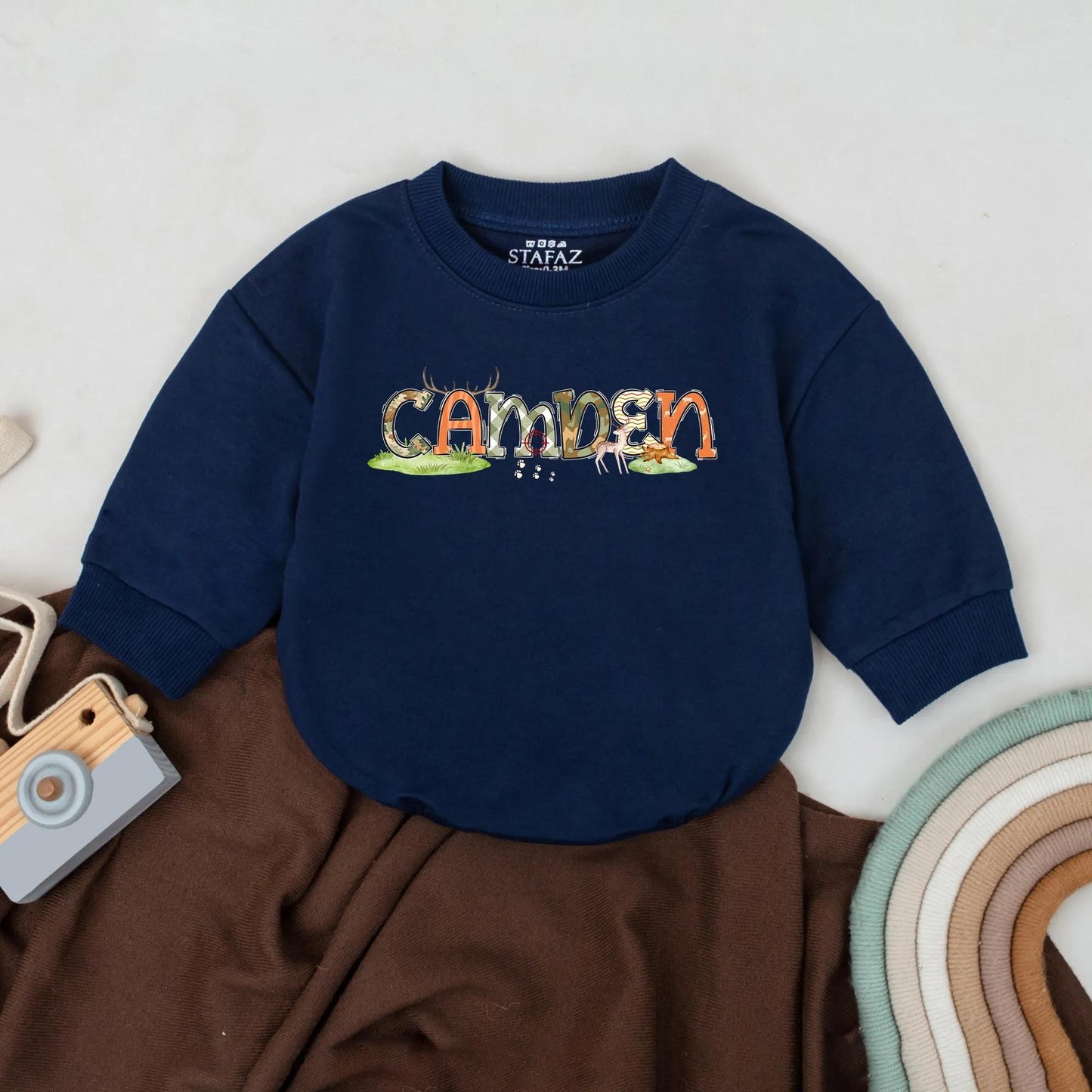 Personalized Deer Hunting Baby Romper with Custom Name Bubble Bodysuit Rustic Country Boy Outdoor Fall Outfit Comfortable Shower Gift