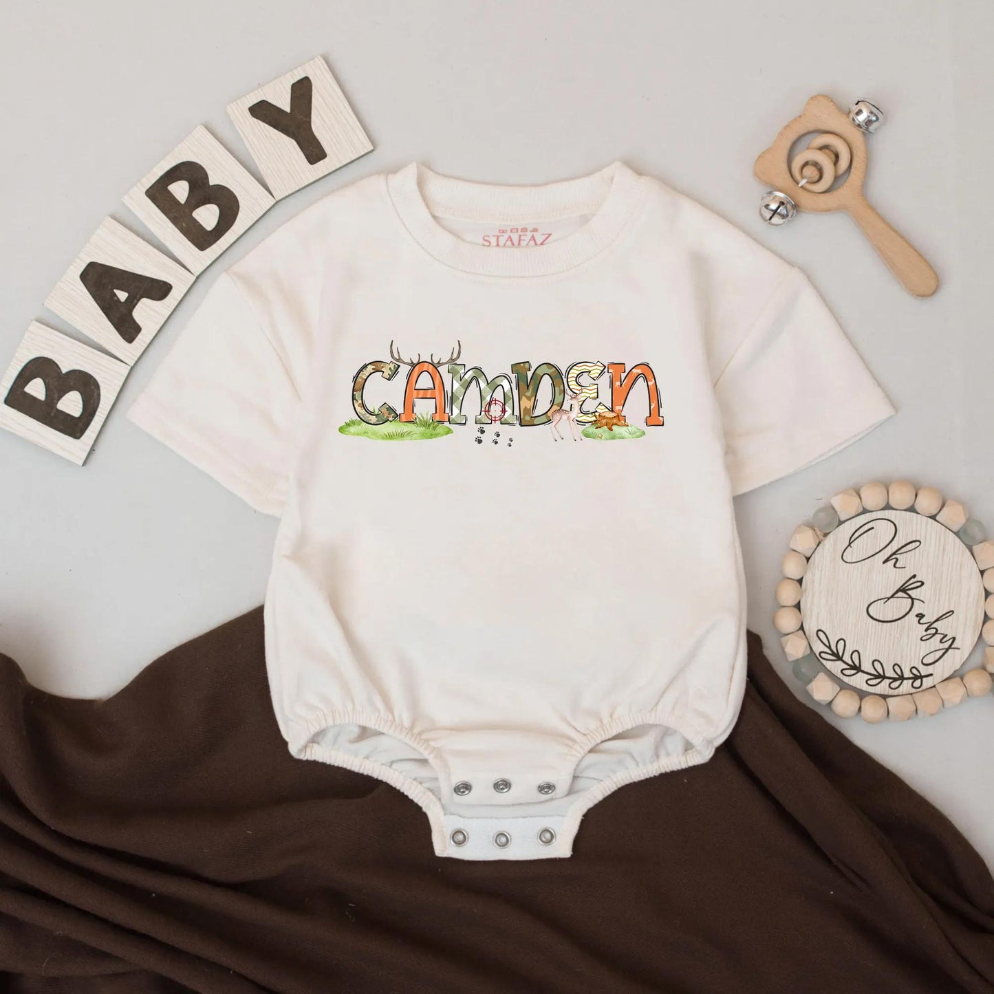 Personalized Deer Hunting Baby Romper with Custom Name Bubble Bodysuit Rustic Country Boy Outdoor Fall Outfit Comfortable Shower Gift