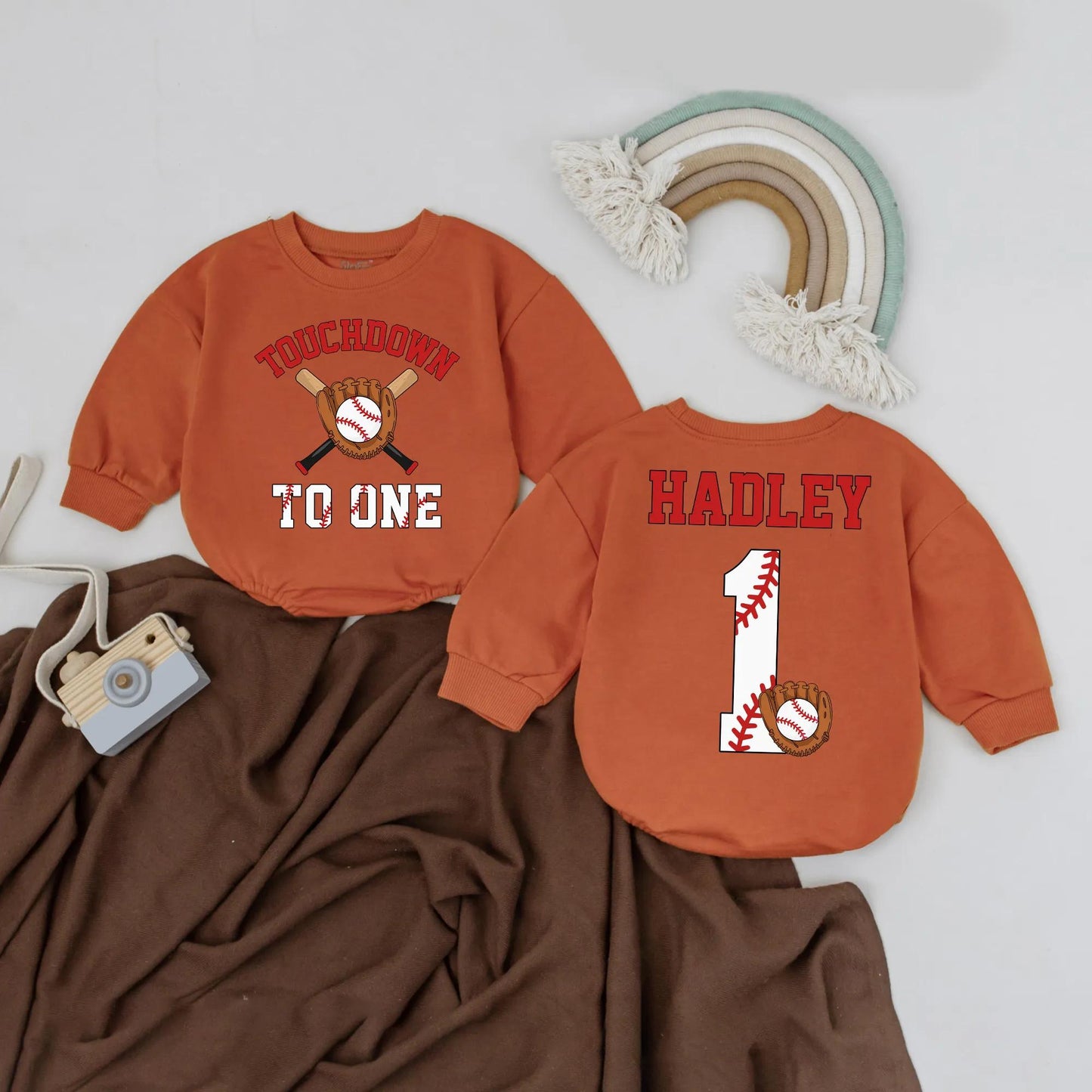 Personalized First Birthday Baseball Football Baby Boy Sports Romper Outfit with Custom Name Touchdown to One Design Baby Shower Gift
