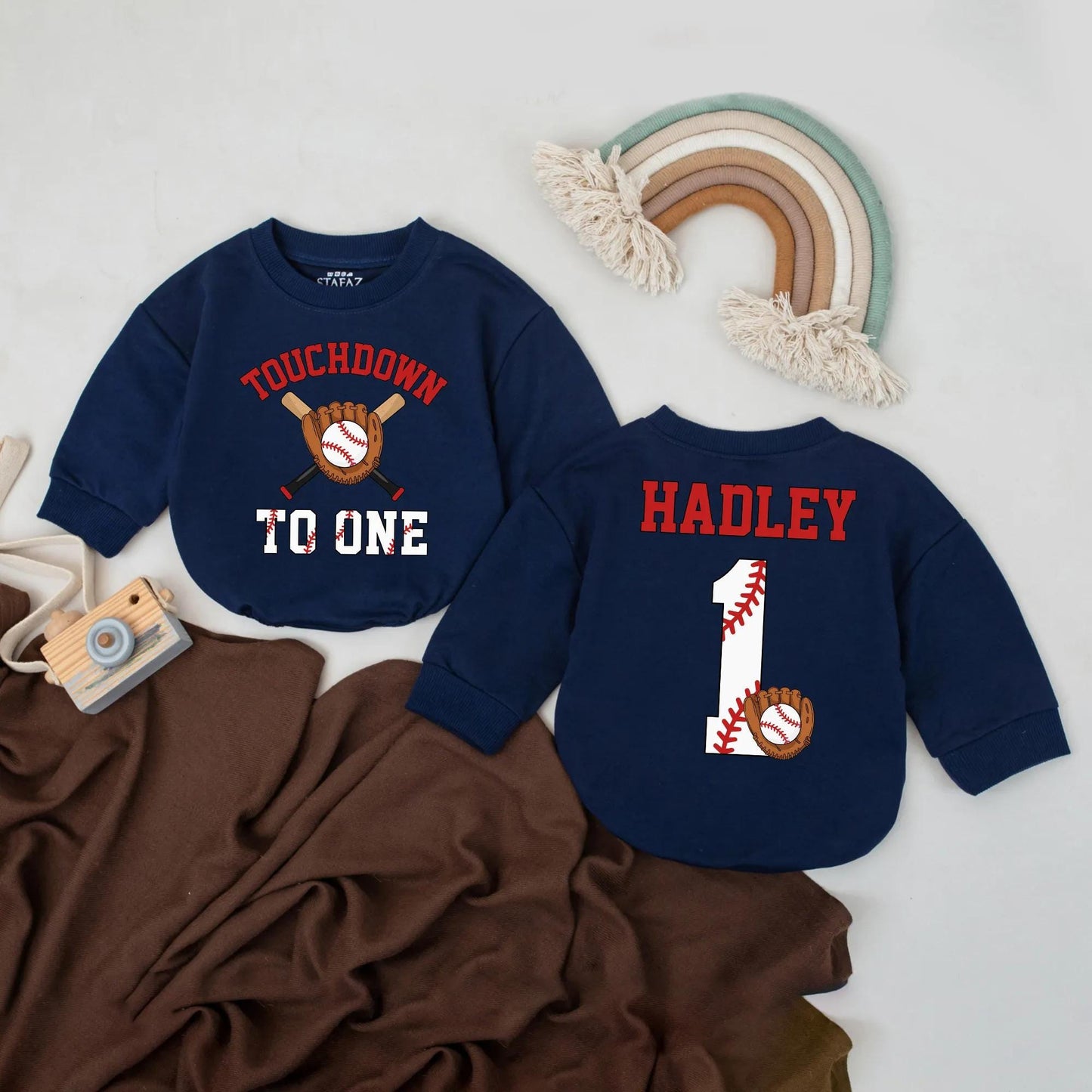 Personalized First Birthday Baseball Football Baby Boy Sports Romper Outfit with Custom Name Touchdown to One Design Baby Shower Gift