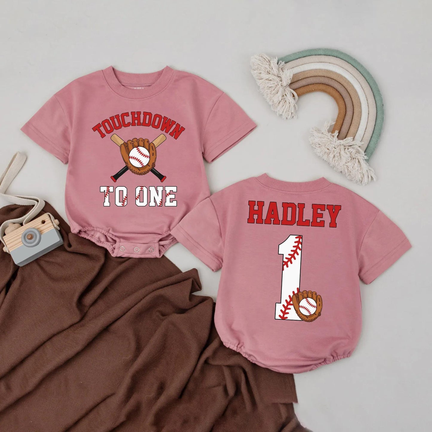Personalized First Birthday Baseball Football Baby Boy Sports Romper Outfit with Custom Name Touchdown to One Design Baby Shower Gift