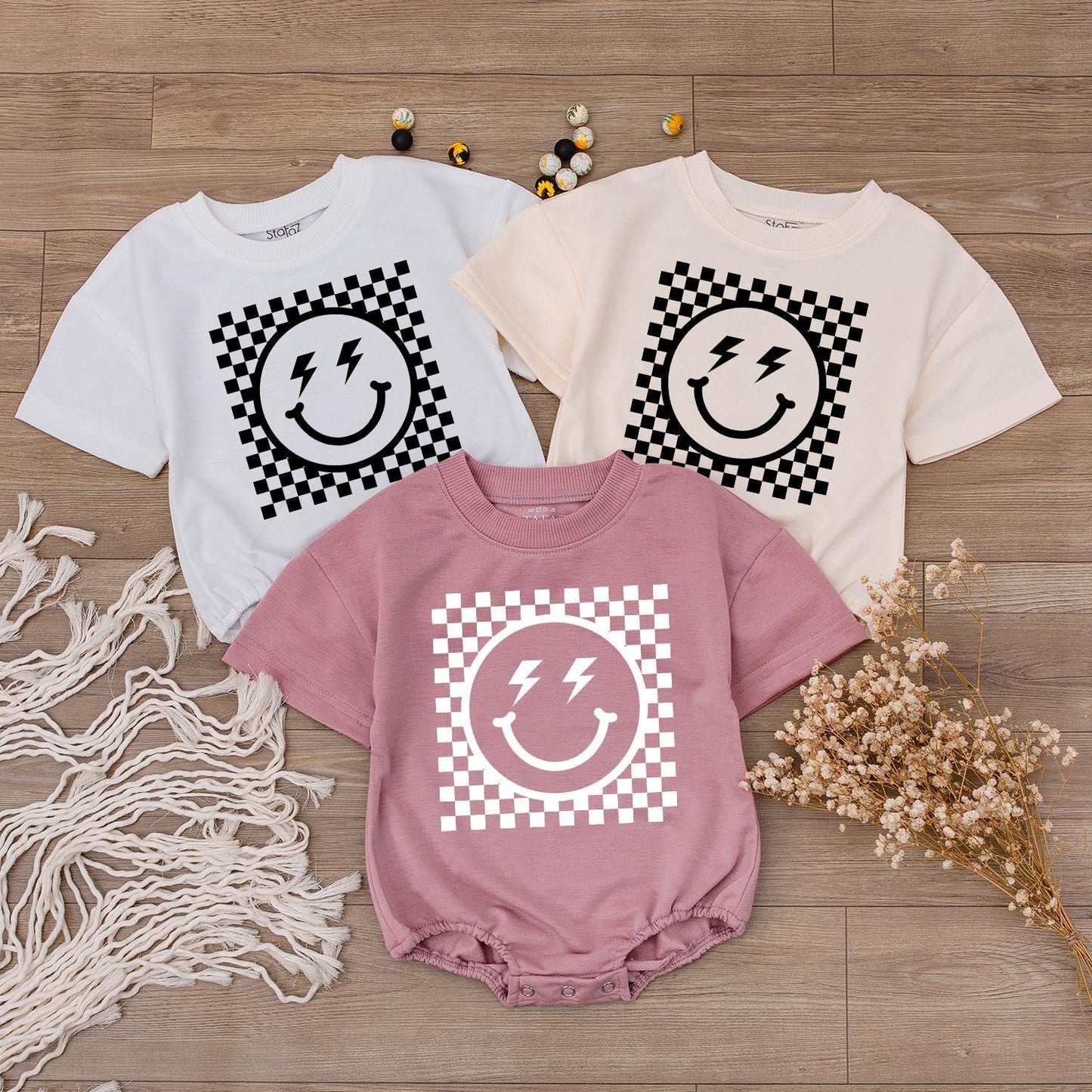 Checkered Happy Face Smiley Sweatshirt for Kids and Womens Retro Vintage Baby Hot Pink Casual Gift