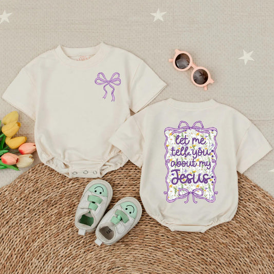 Jesus Wildflower Short Sleeve Bubble Romper Religious Baby Outfit Cute Toddler Christian Gift Idea Lavender Floral Faith Baby Clothes