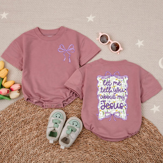 Jesus Wildflower Short Sleeve Bubble Romper Religious Baby Outfit Cute Toddler Christian Gift Idea Lavender Floral Faith Baby Clothes